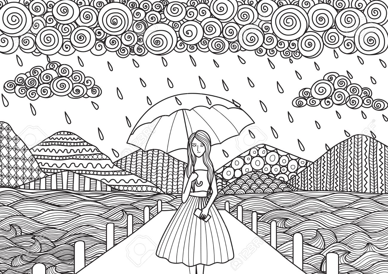 Beautiful Girl Walking On The Bridge While It\'s Raining, Doodle ... Beautiful Girl Walking On The Bridge While It\'s Raining, Doodle ...
