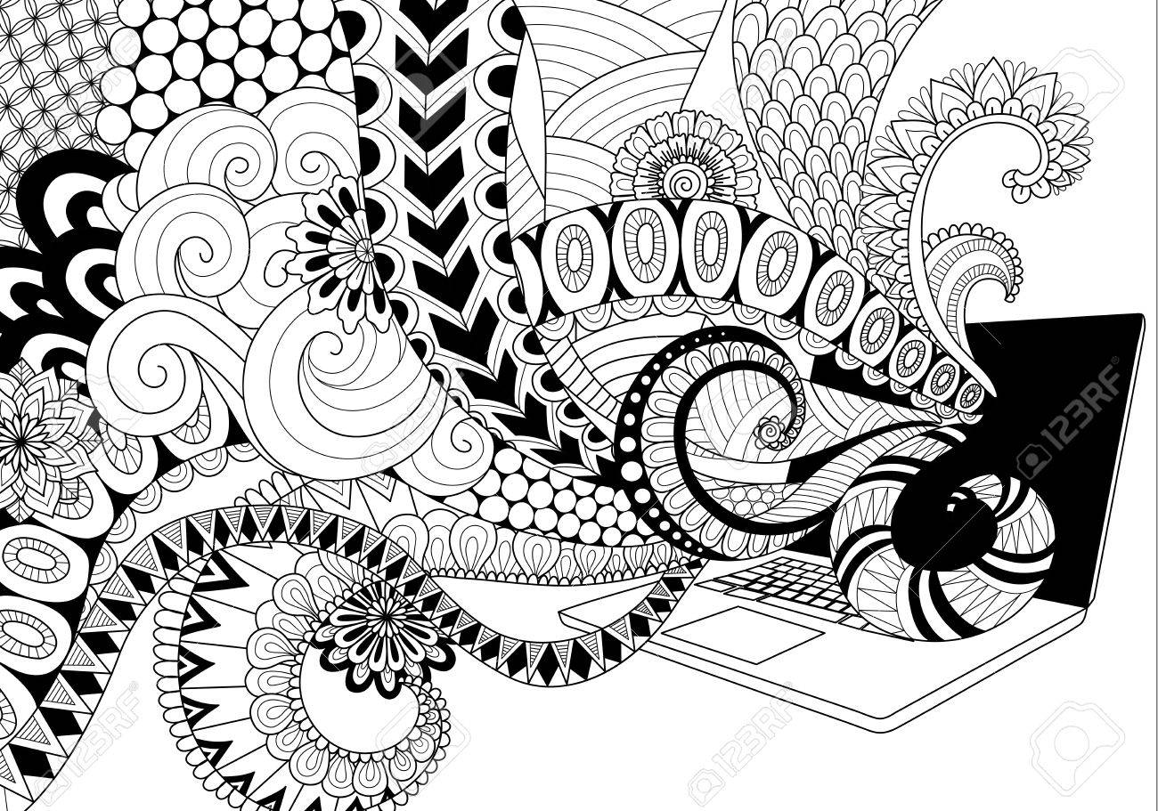 Doodle design of fun line art flowing out of laptop for adult coloring book pages for