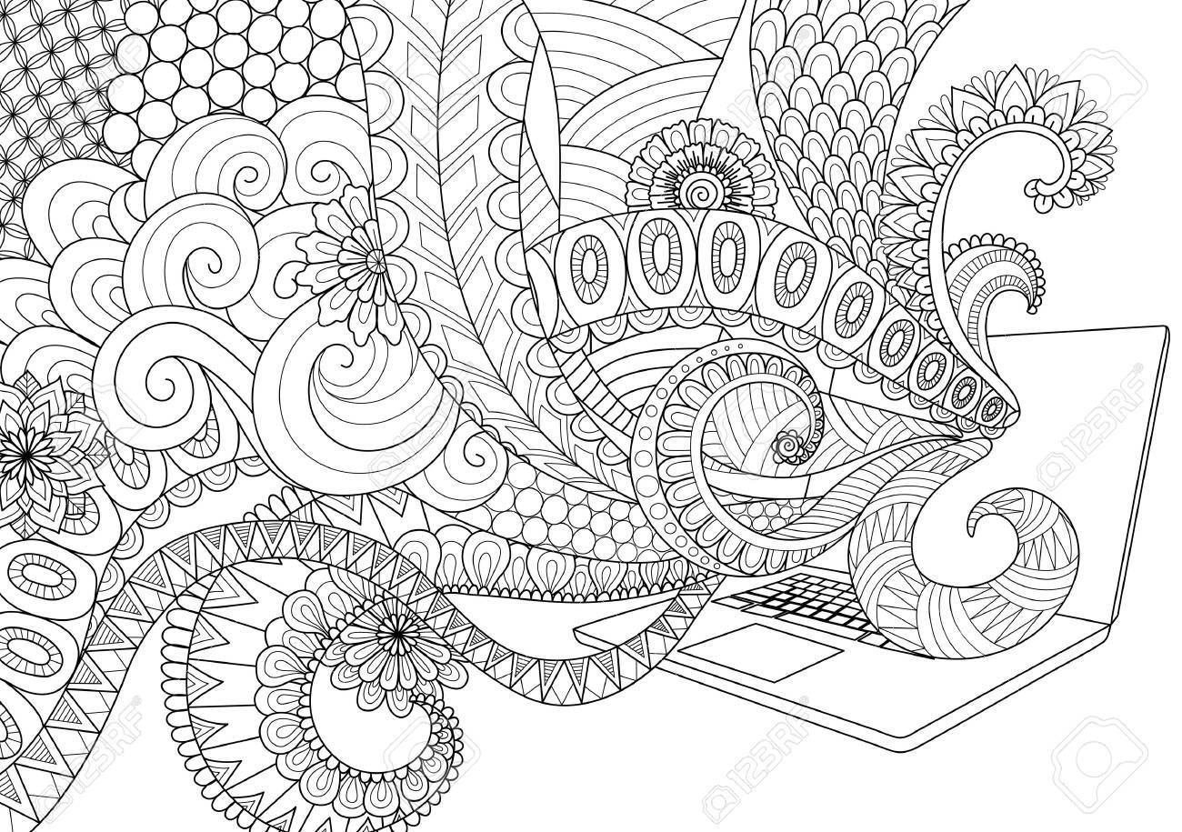 Doodle design of fun line art flowing out of laptop for adult coloring book pages for
