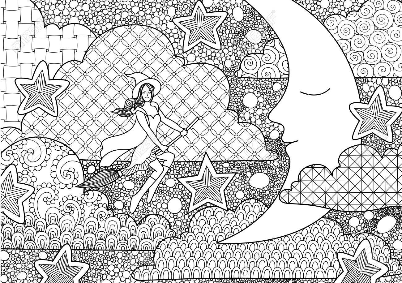 かなり夜の三日月を睡眠を介して飛行を持つデザイン大人用ハロウィン カードの応力と設計要素アンチの本ページを着色 のイラスト素材 ベクタ Image