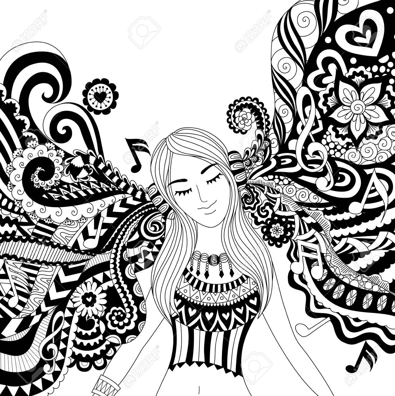girl listening to music happily zendoodle design for banner for Music Drawing Pages Music Coloring Pages