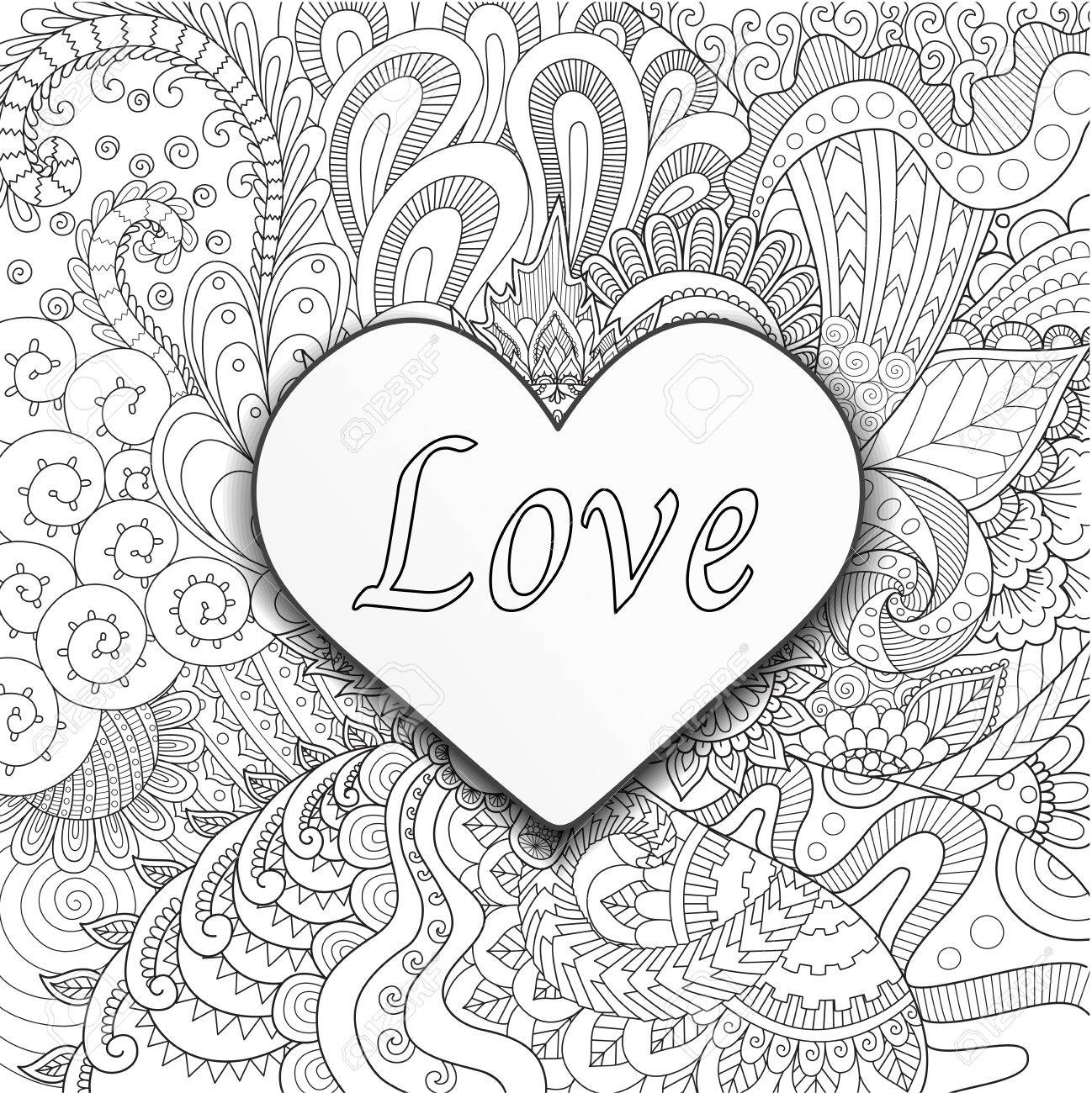 Heart On Flowers For Coloring Books For Adult Or Valentines Card ... Heart On Flowers For Coloring Books For Adult Or Valentines Card ...