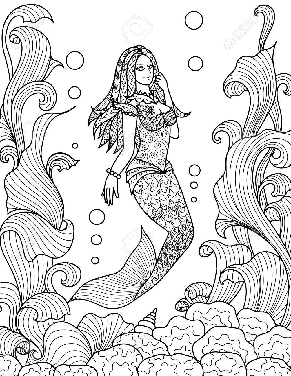 Beautiful mermaid swimming under the sea for adult coloring book pages Vector illustration Stock Vector