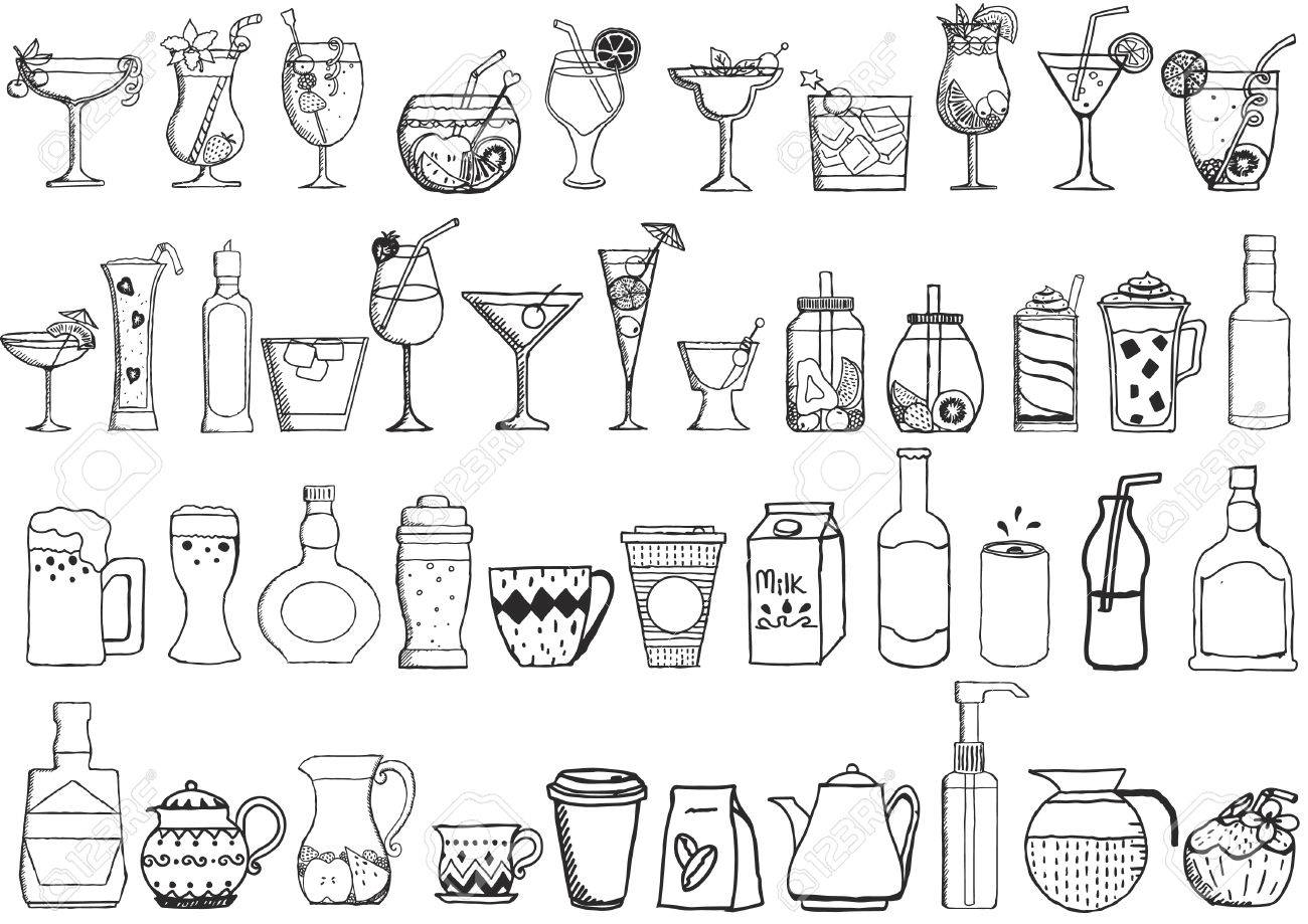 白地に手描きのドリンクの大きなセット のイラスト素材 ベクタ Image