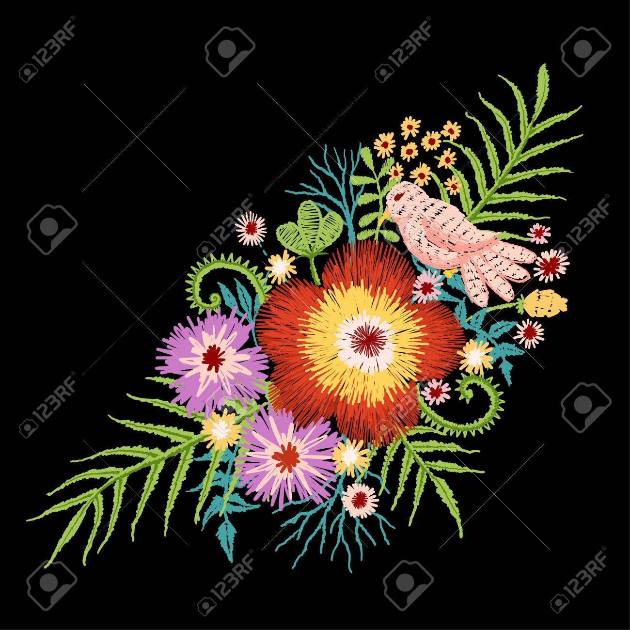 上に立って美しい小鳥の花枝刺繍ステッチ デザイン ベクトル図 のイラスト素材 ベクタ Image