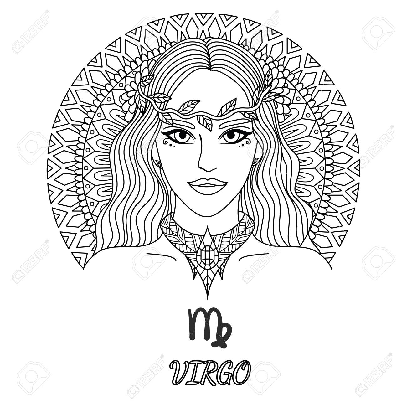 美少女のラインアートデザイン 大人のためのデザイン要素と塗り絵ブックページのための乙女座の看板のイラスト素材 ベクタ Image 92311285