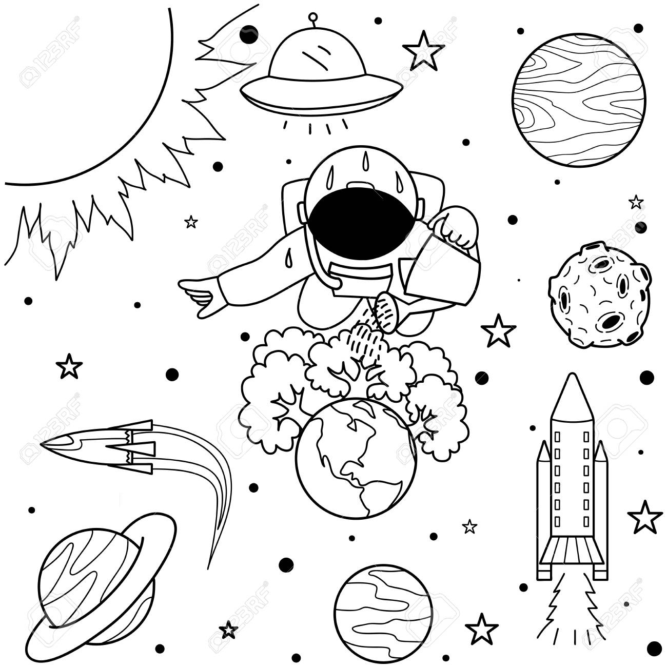 astronaute drole arrosant les arbres qu il a cultives sur terre pour sauver le monde l element de conception et la page livre coloriage enfants adultes illustration vectorielle soleil lune xl