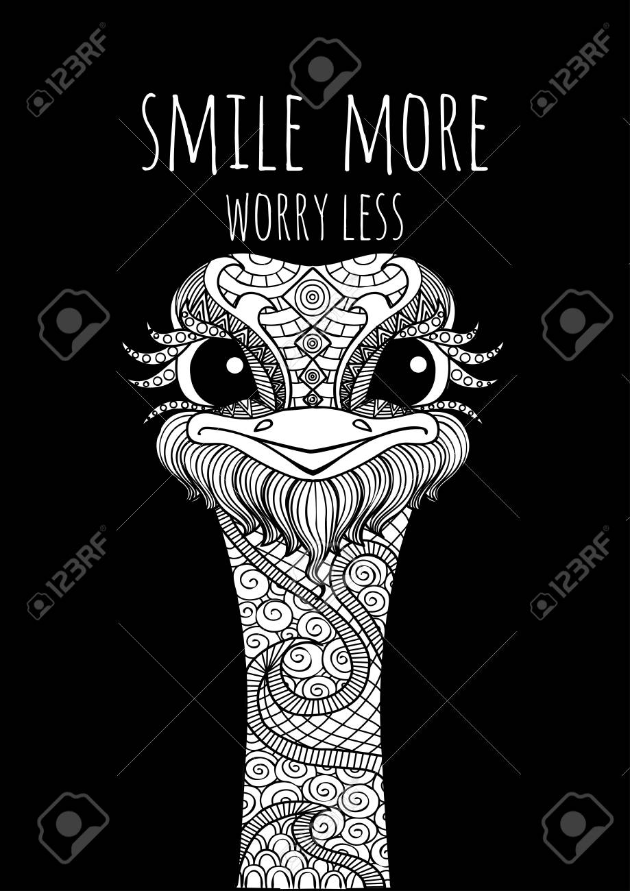 手描きのスマイリーかわいいダチョウは スローガンsmile More心配レスtシャツ印刷と刺繍 グラフィックティーとプリントティーのためにレス ベクトル図のイラスト素材 ベクタ Image