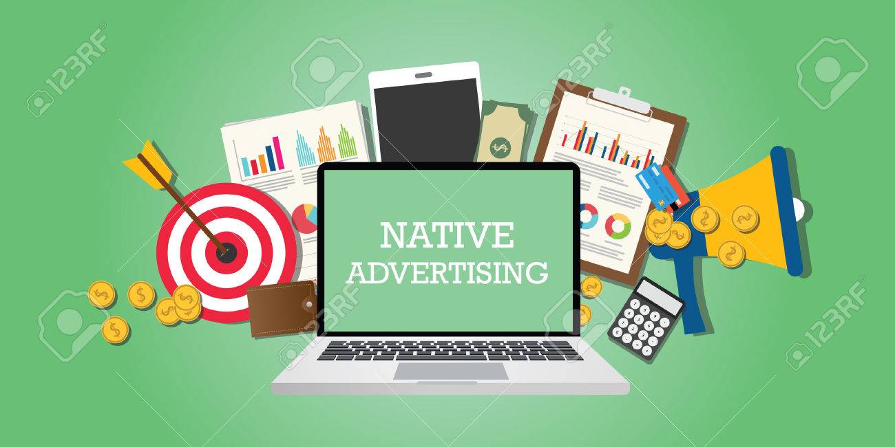 native advertising concept with marketing media and tools illustrated in laptop vector - 52128134 native advertising concept with marketing media and tools illustrated in laptop vector - 52128134