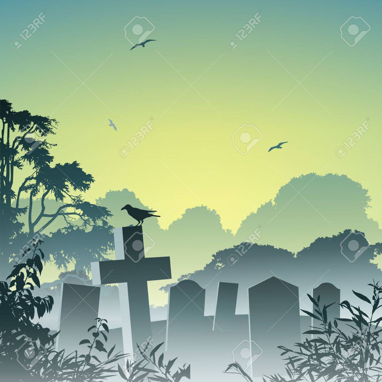 A Misty Graveyard, Cemetery With Tombstones And Crow Royalty Free SVG,  Cliparts, Vectors, and Stock Illustration. Image 12085575., image size:1300x1300