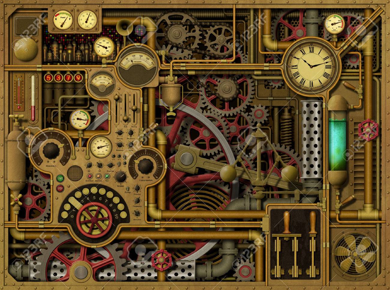 a steampunk background with clocks dials gears and cogs pipes