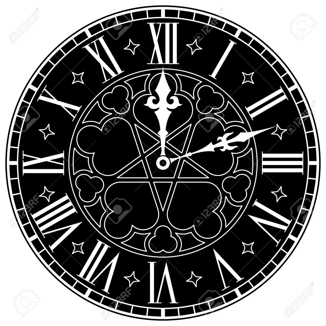 Gothic Clock Face With Roman Numerals. Vector Vintage Image. Royalty Free  SVG, Cliparts, Vectors, and Stock Illustration. Image 189360483., image size:1300x1300