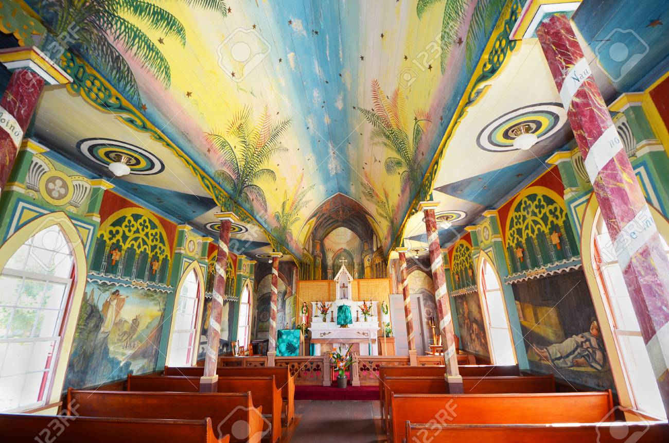 interior of church painted with biblical scenes in hawaii big