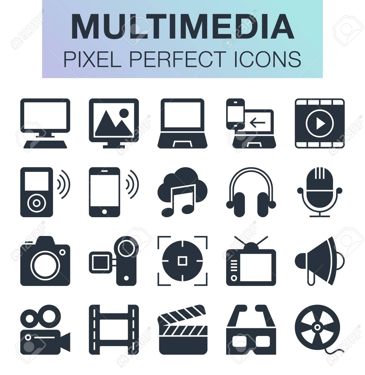 モバイル アプリや Web デザイン ピクセル完璧なマルチ メディア アイコンのセットです のイラスト素材 ベクタ Image