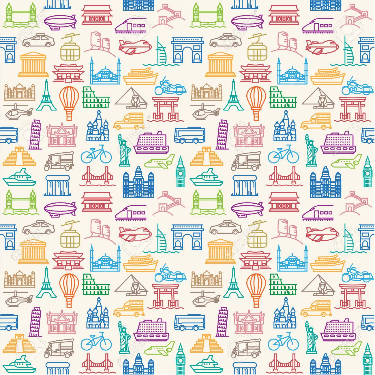 シームレスなベクトルの壁紙や背景旅行 休暇 有名な場所の交通機関 車両アイコン のイラスト素材 ベクタ Image 4868