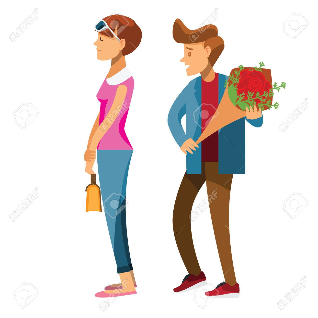 日に 若い男にバラ赤を抱いていた恋人のカップルの漫画のキャラクター のイラスト素材 ベクタ Image