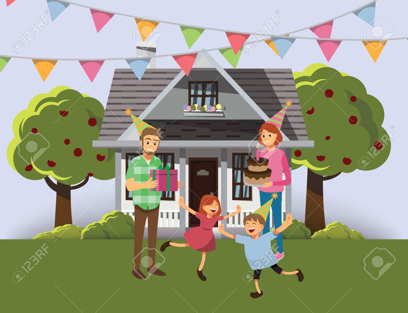 Gluckliche Familienfeier Bereich Im Freien Mit Kleinem Haus