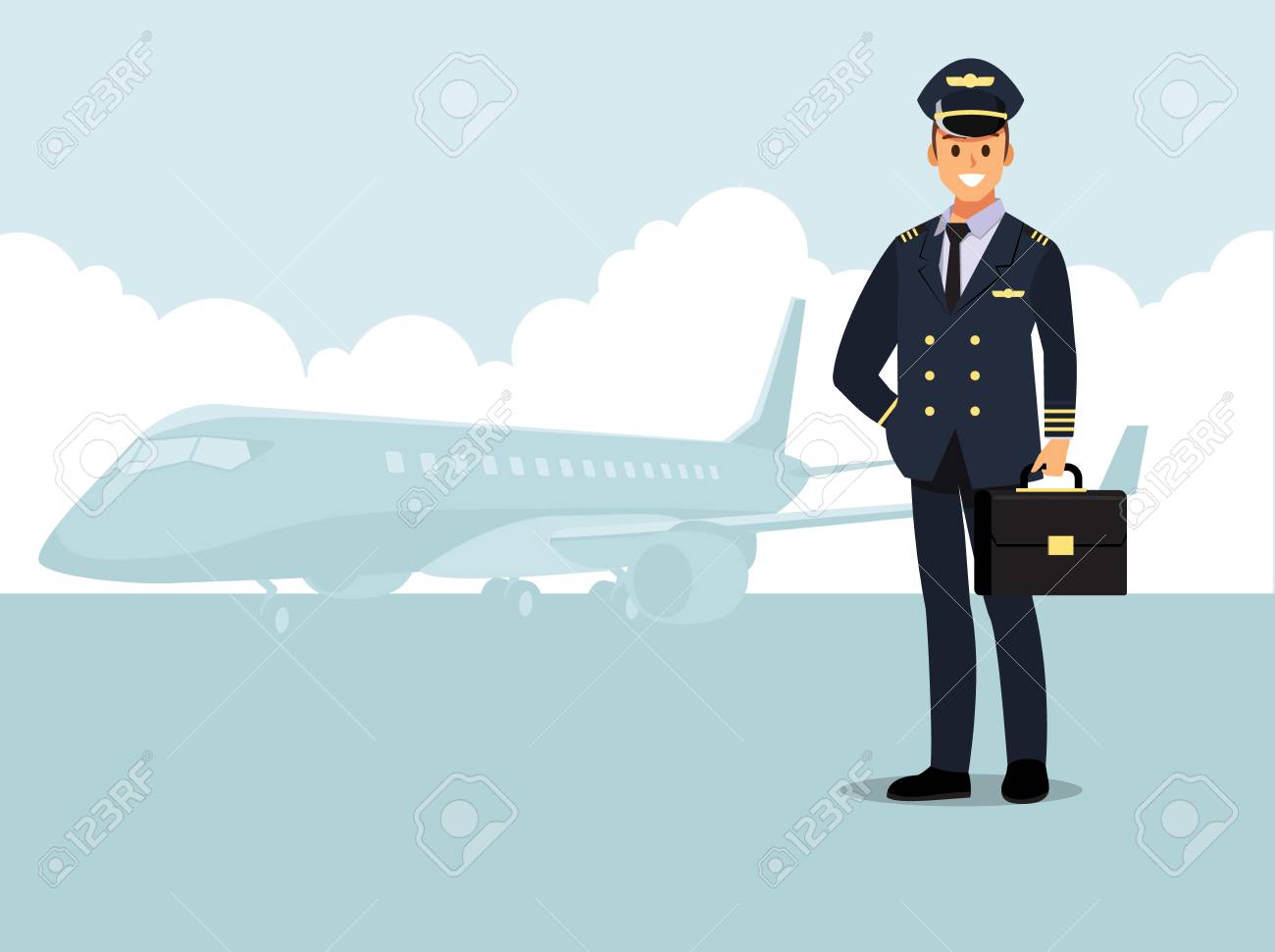 飛行機で旅行へようこそ パイロット キャピタンベクトルイラスト漫画キャラクターのイラスト素材 ベクタ Image