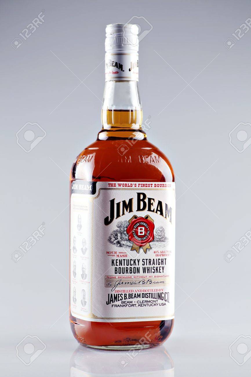 Bucharest, Romania - April 13, 2012: Close-up Shot Of A Bottle Of Jim Beam  Bourbon Whiskey. Jim Beam Is A Brand Of Bourbon Whiskey, Currently One Of  The Best Selling Brands Of, image size:866x1300