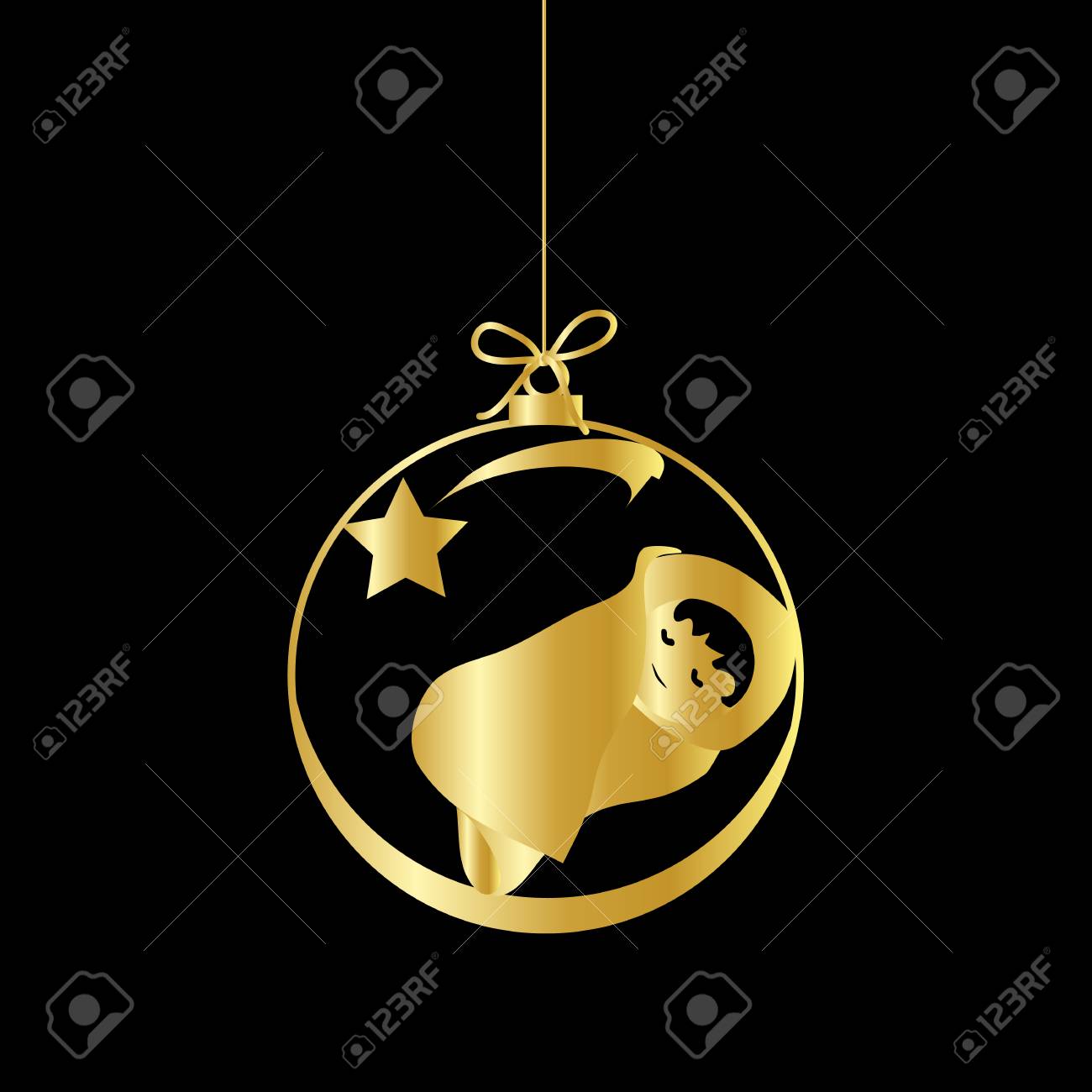 Boule De Noel Plate Avec Noeud Etoile Et Bebe Jesus Christ Boule De Vecteur Or Avec Or Ornement De Noel Decoratif Bebe Jesus Figure Illustration Isolee Sur Fond Noir Conception De Symbole D Icone