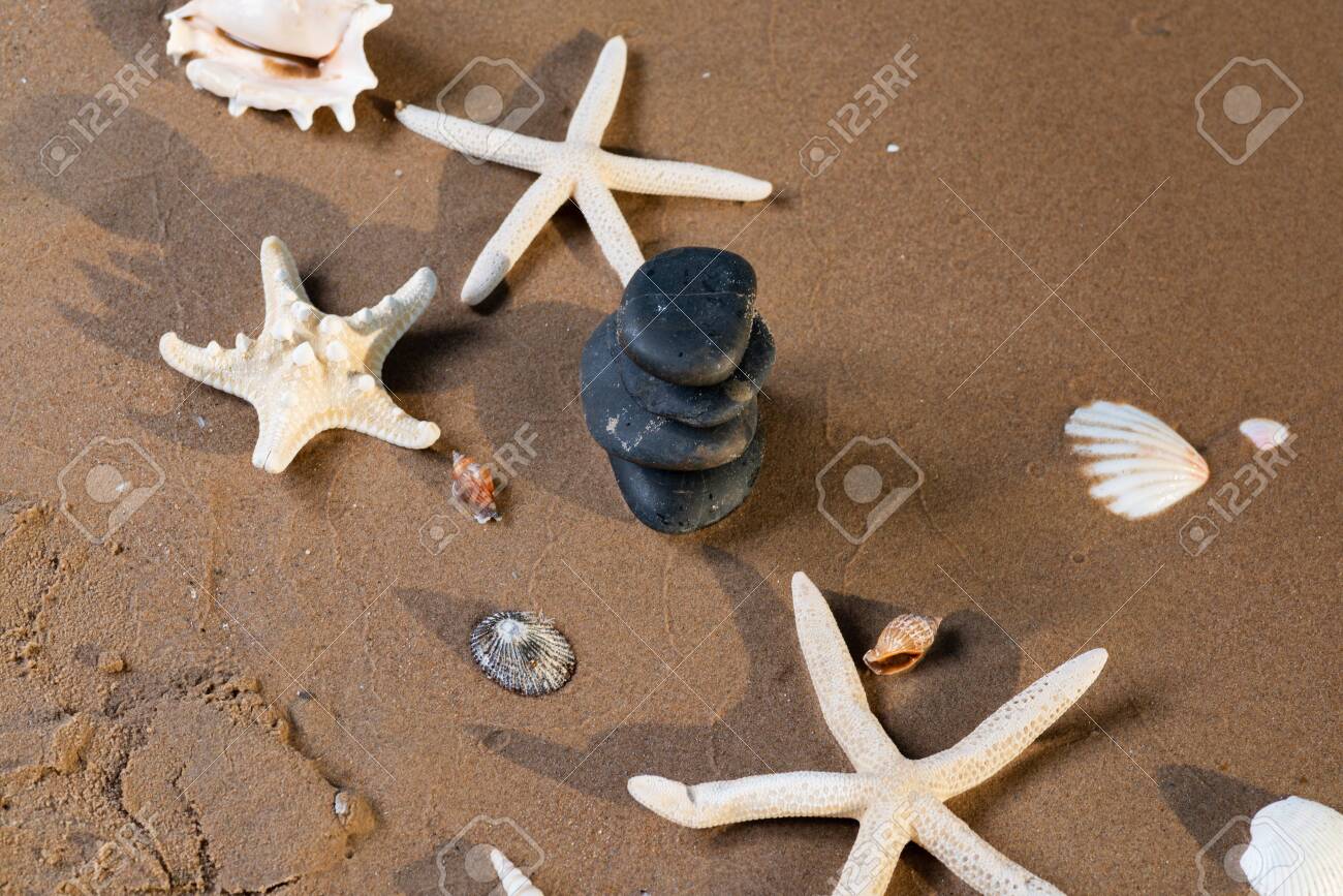Spa composition - stacked Basalt Stones, Seashells and Sea Stars on the beach at sunrise in front of the ocean. Wellness, Balance and Relax concept. - 128873517 Spa composition - stacked Basalt Stones, Seashells and Sea Stars on the beach at sunrise in front of the ocean. Wellness, Balance and Relax concept. - 128873517