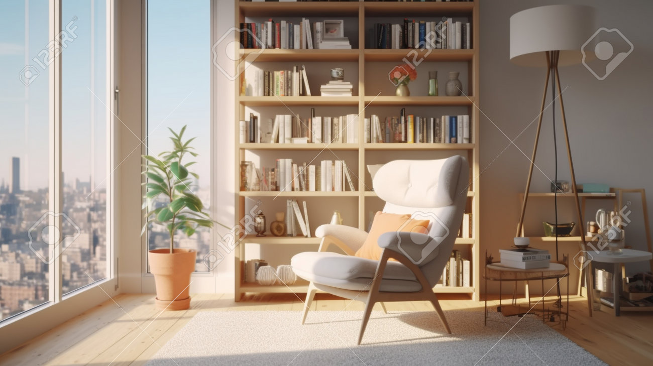 A Scandinavian Bookshelf In A Home Library Next To An Armchair In