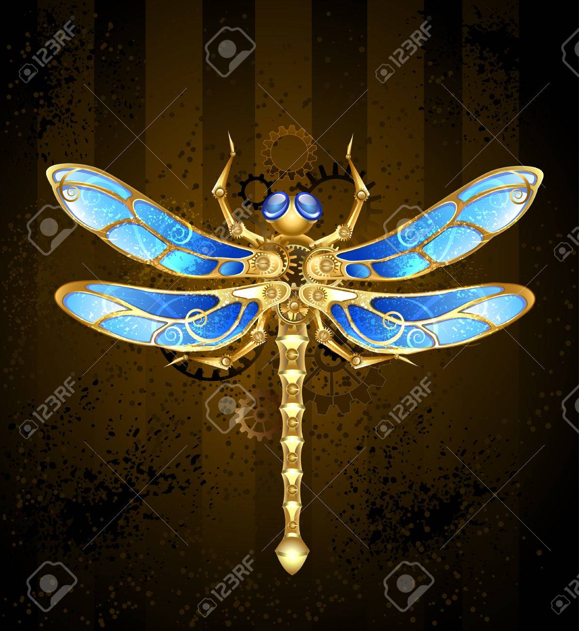 機械的トンボ真鍮 ゴールド羽と飾られて青いグラスと歯車のイラスト素材 ベクタ Image