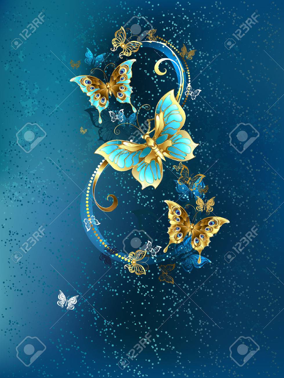 Eight of the luxury, jewelery butterflies on blue textural background. - 50644277 Eight of the luxury, jewelery butterflies on blue textural background. - 50644277