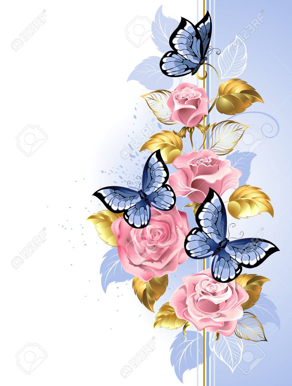 Design With Pink Delicate Roses Blue Butterflies Gold And