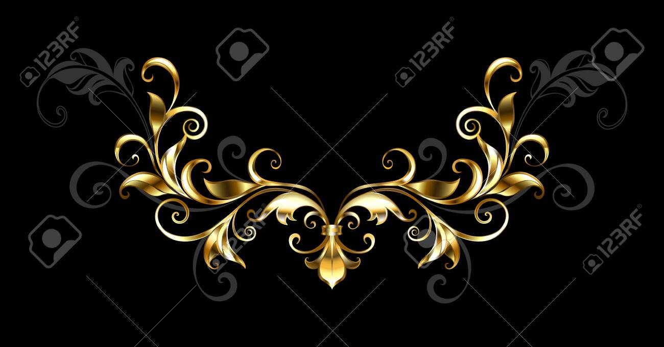 Antique, shiny, jewelry frame with gold and gray leaves on black background. - 121562907 Antique, shiny, jewelry frame with gold and gray leaves on black background. - 121562907