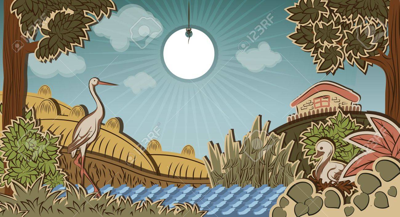 Stork in front of countryside and duck sitting on eggs Illustration to fairy tale Ugly Duckling Hans Christian Andersen - 20891785 Stork in front of countryside and duck sitting on eggs Illustration to fairy tale Ugly Duckling Hans Christian Andersen - 20891785