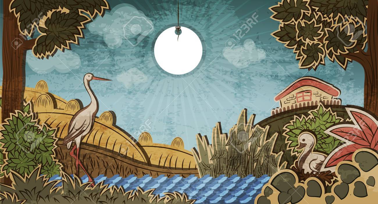 Stork in front of countryside and duck sitting on eggs Illustration to fairy tale Ugly Duckling Hans Christian Andersen - 20891788 Stork in front of countryside and duck sitting on eggs Illustration to fairy tale Ugly Duckling Hans Christian Andersen - 20891788