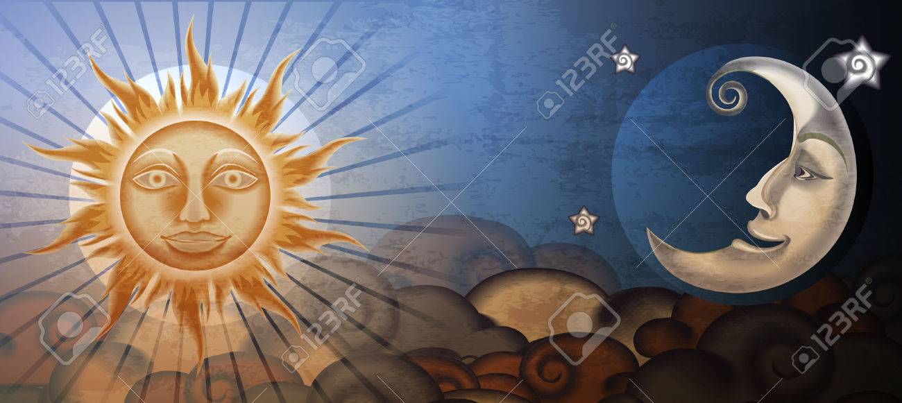 Grunge sun and moon in front of clouds. Fresco imitation. - 23821963 Grunge sun and moon in front of clouds. Fresco imitation. - 23821963