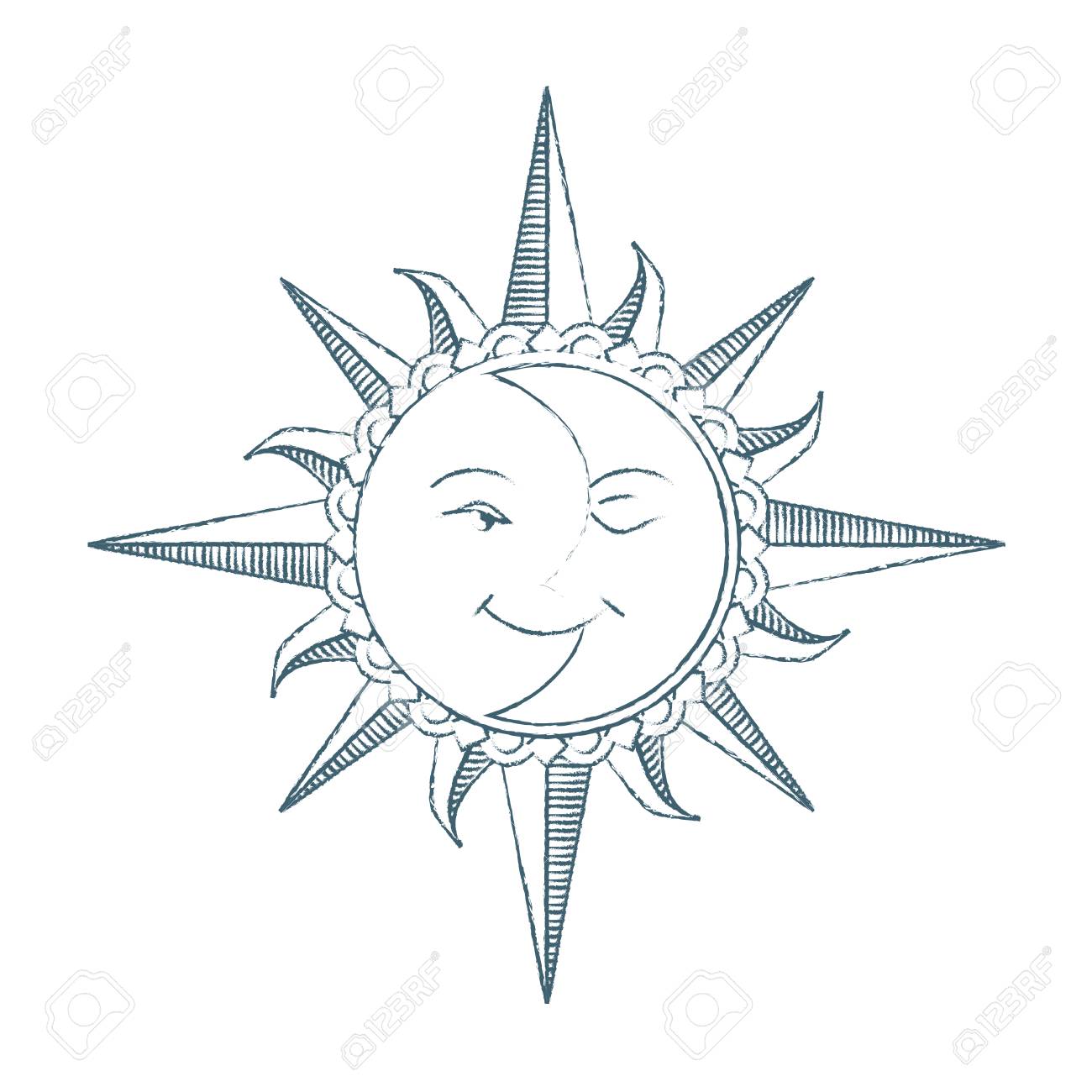 ビンテージ スタイルの手描きの太陽と月。 錬金術シンボルです