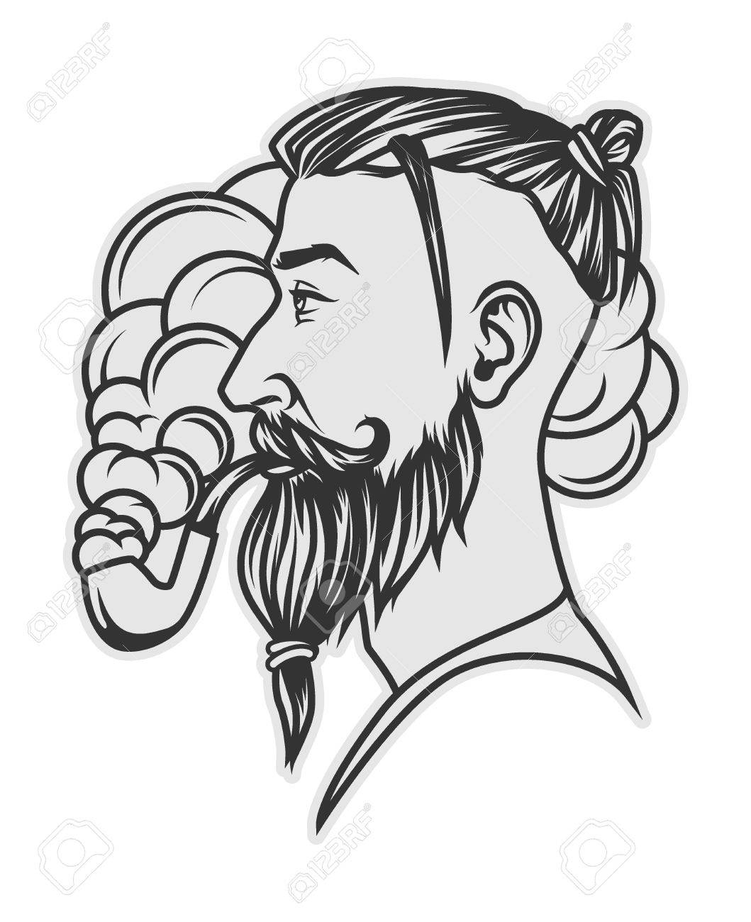 Hipster with beard and undercut hairstyle smoking tube portrait Stock Vector , 79737302