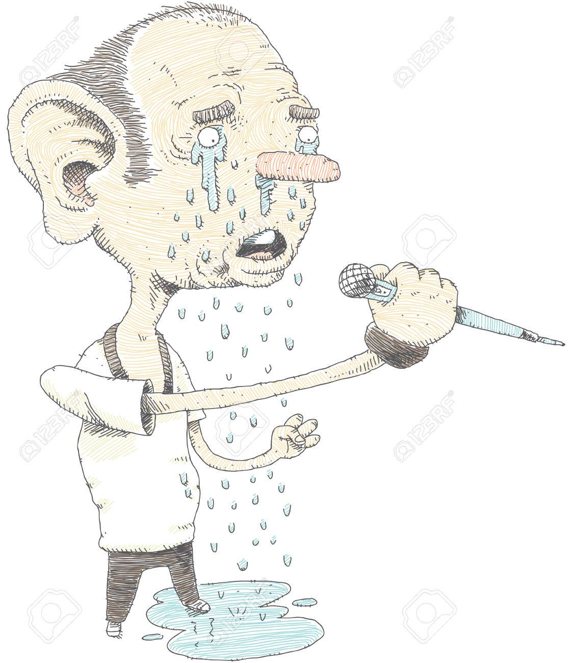 cartoon tears drop from a singer s eyes as he performs a sad