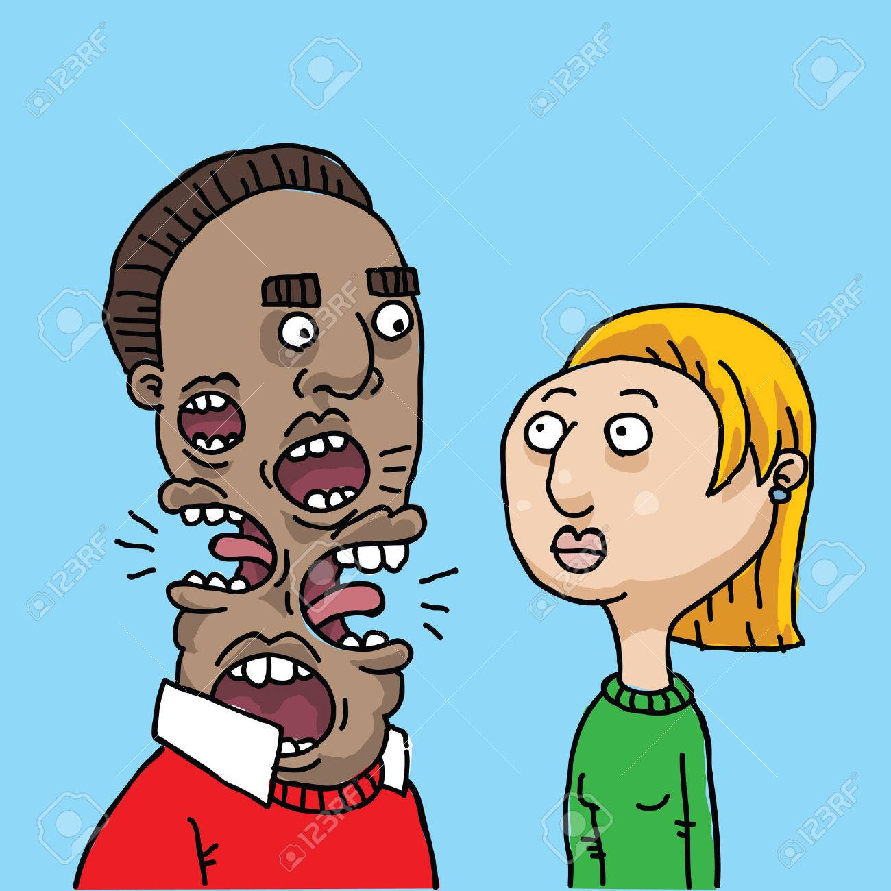 Un Homme De Bande Dessinee Avec Beaucoup De Bouches Parle A Une Femme Clip Art Libres De Droits Vecteurs Et Illustration Image 29718904