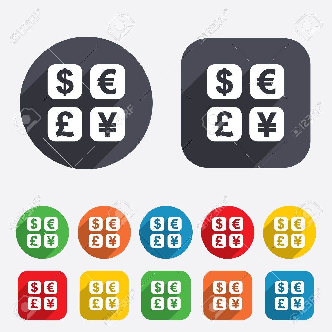 Signo De Cambio De Moneda Icono. Símbolo Conversor De Divisas. Etiqueta  Dinero. Los Círculos Y Cuadrados Redondeados 12 Botones. Vector  Ilustraciones svg, vectoriales, clip art vectorizado libre de derechos.  Image 25795741