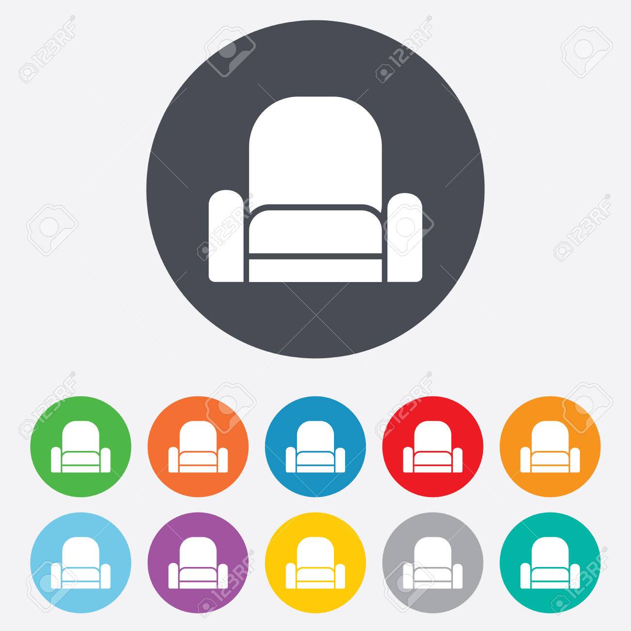 Modern Furniture Icon armchair sign icon. modern furniture symbol. round colourful Modern Furniture Icon armchair sign icon. modern furniture symbol. round colourful