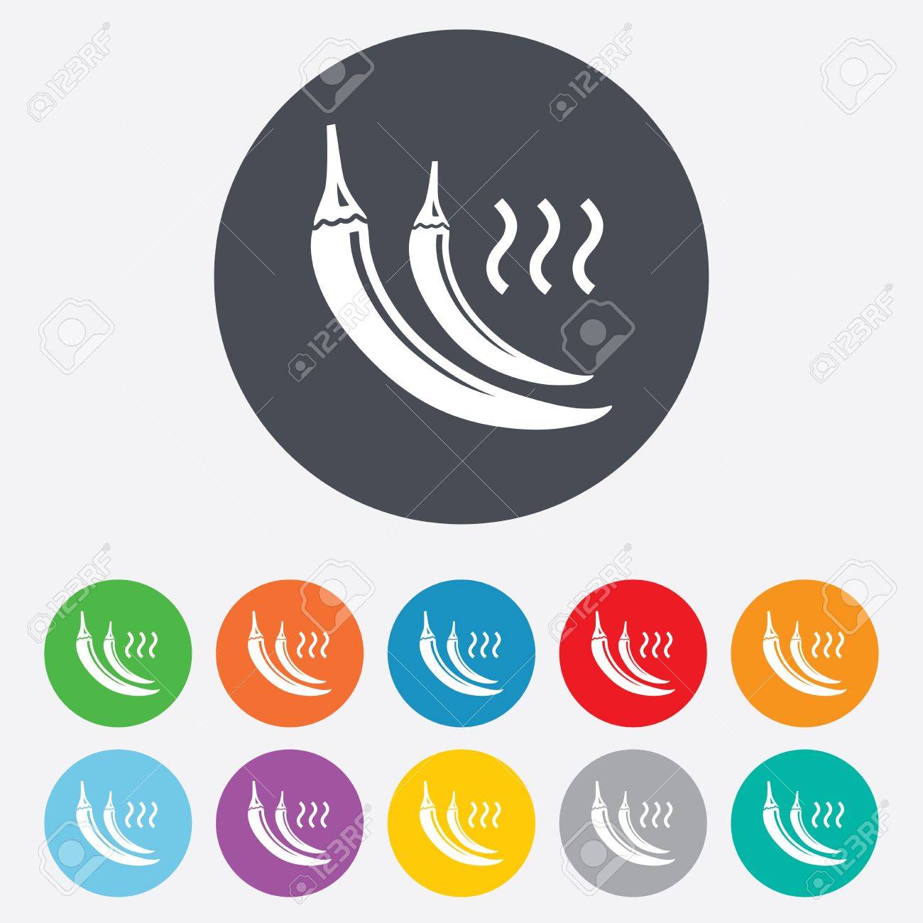 唐辛子記号アイコン 辛い食べ物のシンボル 丸いカラフルな 11 のボタン のイラスト素材 ベクタ Image