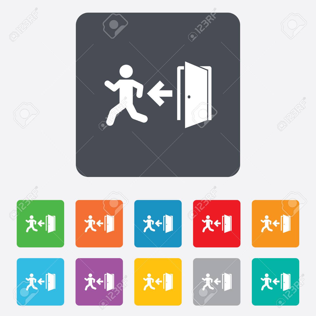 人間の図記号のアイコンと非常口 左矢印シンボルとドア 非常口 角丸正方形の 11 ボタン のイラスト素材 ベクタ Image