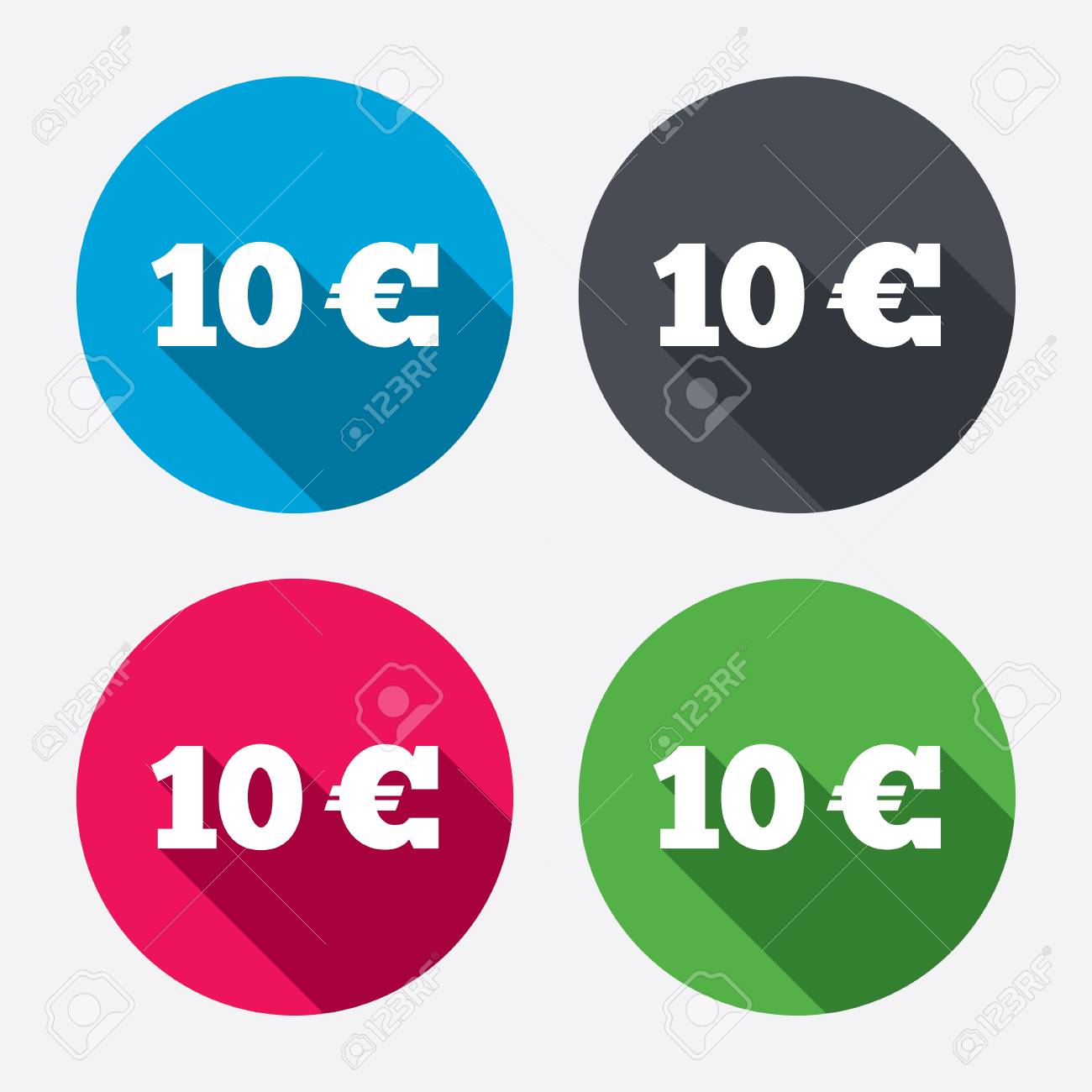10 Euro Sign Icon. EUR Currency Symbol. Money Label. Circle Buttons With  Long Shadow. 4 Icons Set. Vector Royalty Free SVG, Cliparts, Vectors, and  Stock Illustration. Image 34620931.