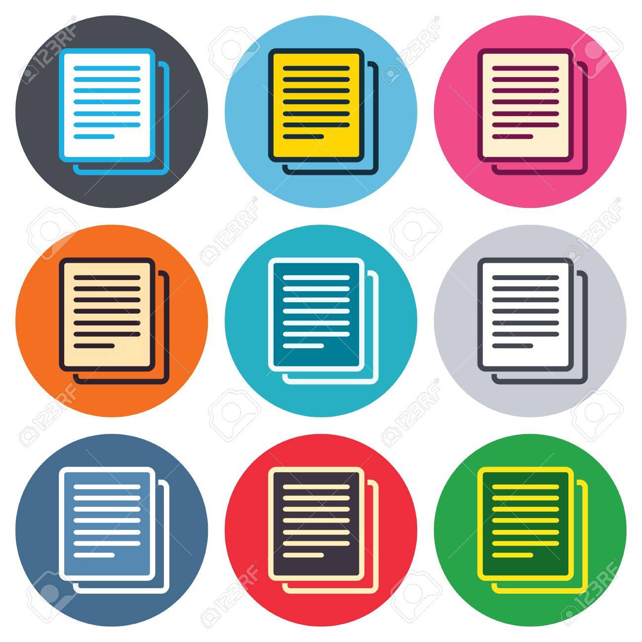 コピー ファイルの記号アイコン 重複するドキュメントのシンボルです 色付きの丸ボタン フラットなデザイン サークルのアイコンを設定します ベクトルのイラスト素材 ベクタ Image