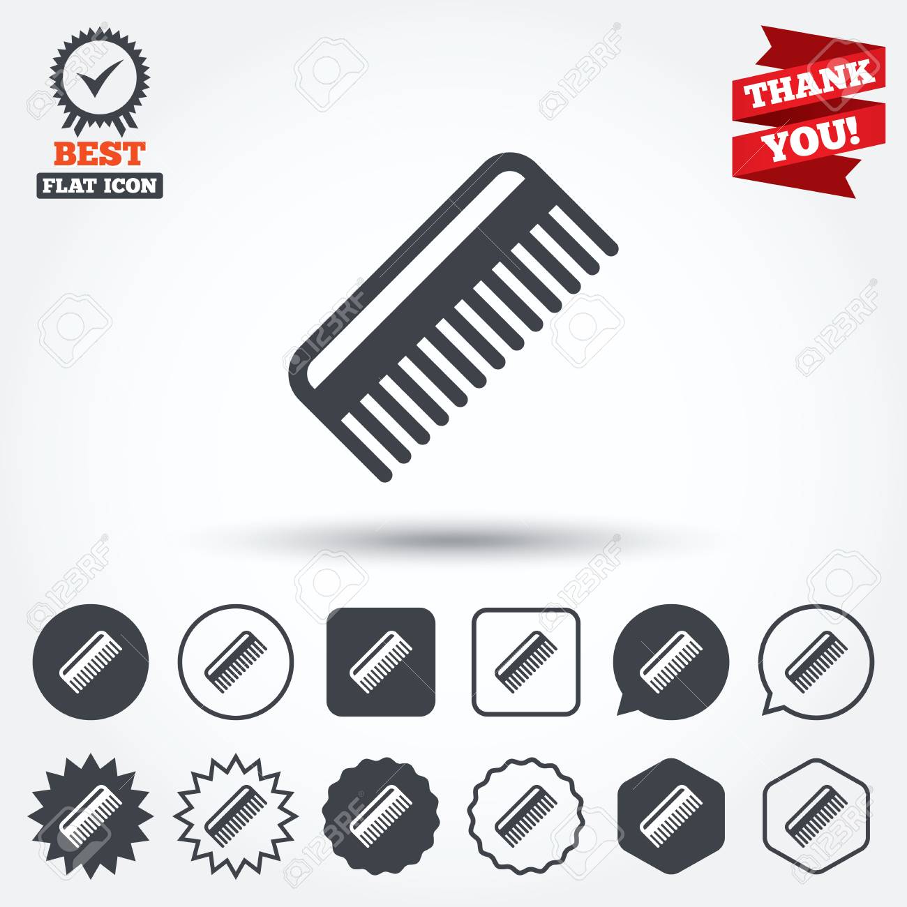 櫛髪記号アイコン 床屋のシンボル 円 星 吹き出し 正方形のボタン チェック マークとメダルを授与 ありがとうございますリボン ベクトルのイラスト素材 ベクタ Image