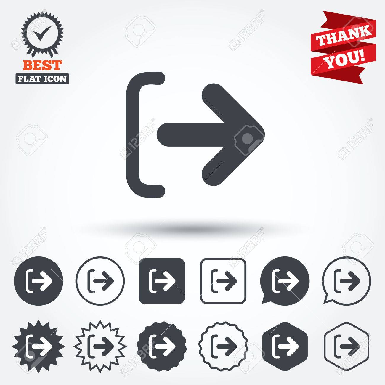 ログアウト記号アイコン シンボルをサインアウトします 上矢印アイコン 円 星 音声バブル 正方形ボタン チェック マークが付いた賞メダル ありがとうリボン ベクトルのイラスト素材 ベクタ Image