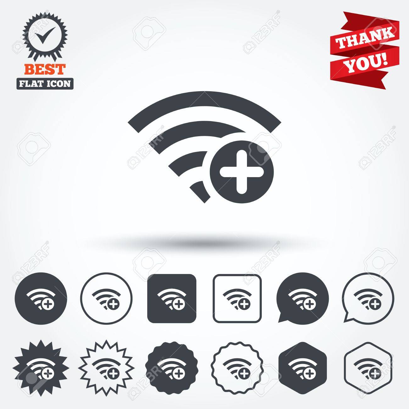 Wifi Plus Sign Add Wi Fi Symbol Wireless Network Icon Wifi Zone Circle Star Speech Bubble And Square Buttons Award Medal With Check Mark Thank You Vector Royalty Free Cliparts Vectors And Stock