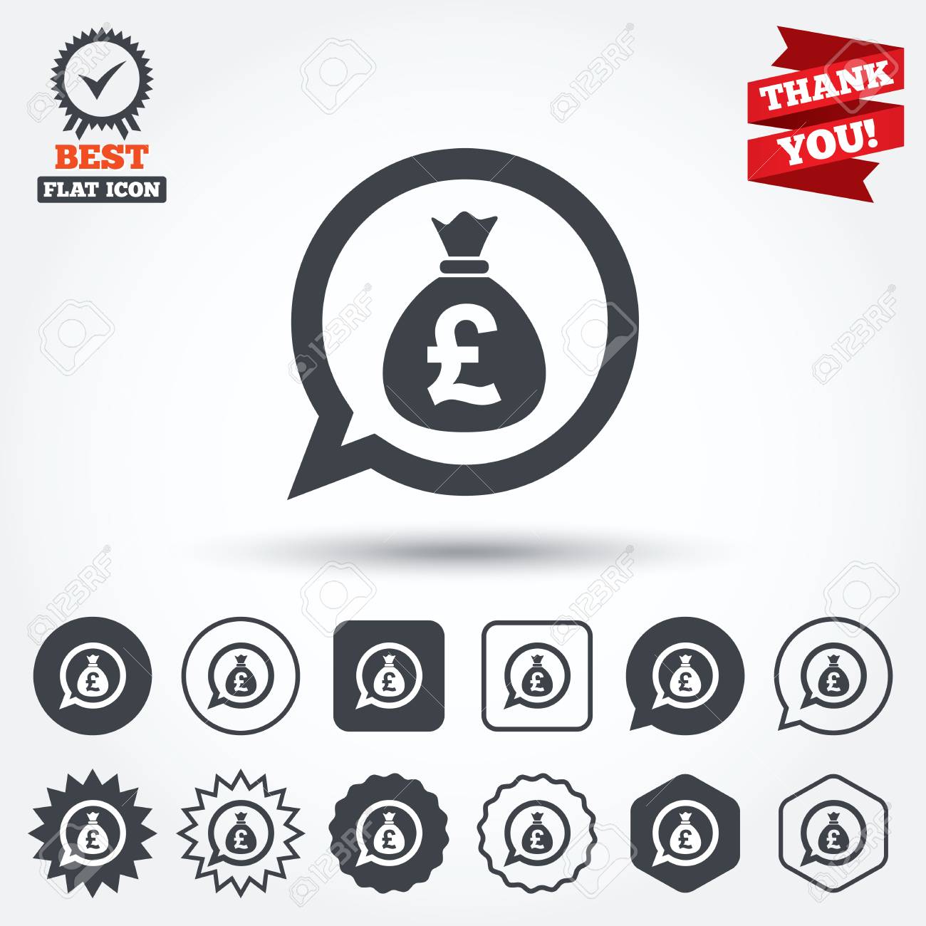 お金袋の記号アイコン ポンド英国ポンド通貨音声バブル記号 円 星 吹き出し 正方形のボタン チェック マーク とメダルを授与 ありがとうございますリボン ベクトルのイラスト素材 ベクタ Image