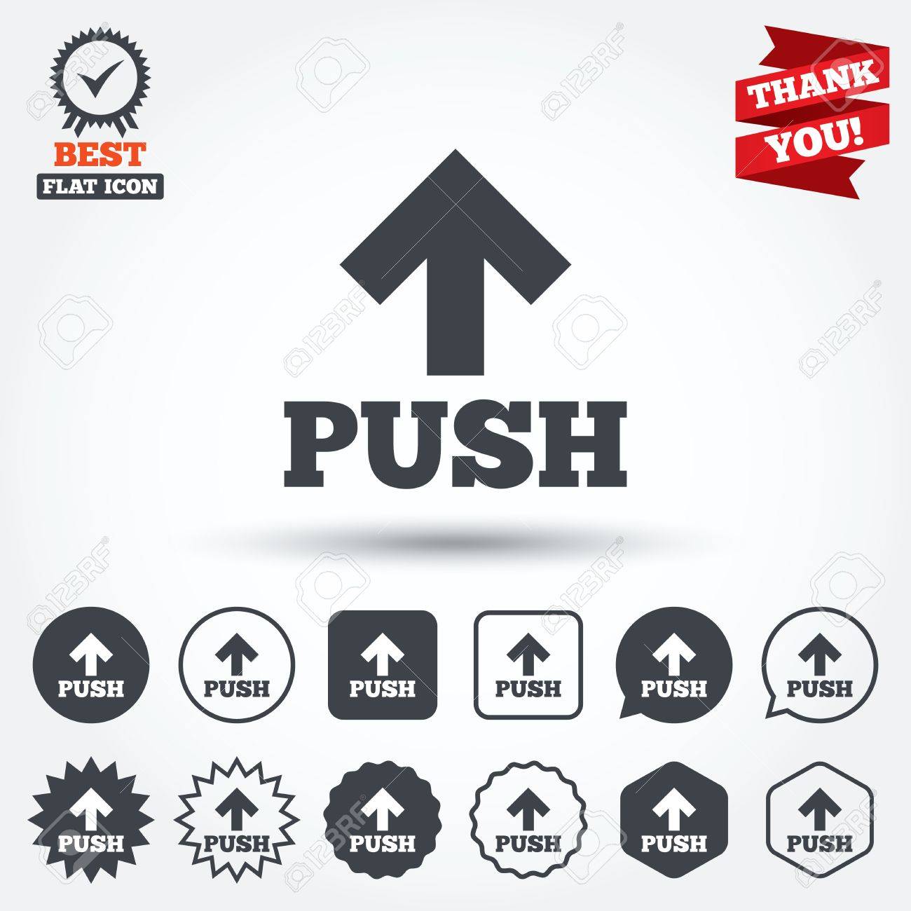 操作記号アイコンを押してください 矢印シンボル円 星の吹き出し 正方形のボタンを押してください チェック マークとメダルを授与 ありがとう ベクトル のイラスト素材 ベクタ Image