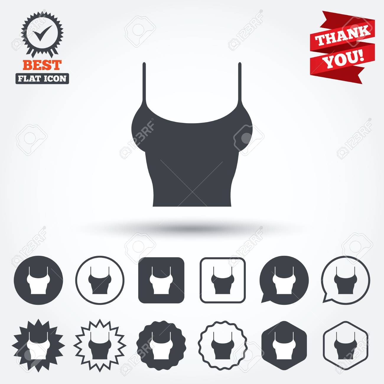 女性の T シャツの記号のアイコン インナーし シンボルを眠る 円 星 吹き出し 正方形のボタン チェック マークとメダルを授与 ありがとうございますリボン ベクトルのイラスト素材 ベクタ Image
