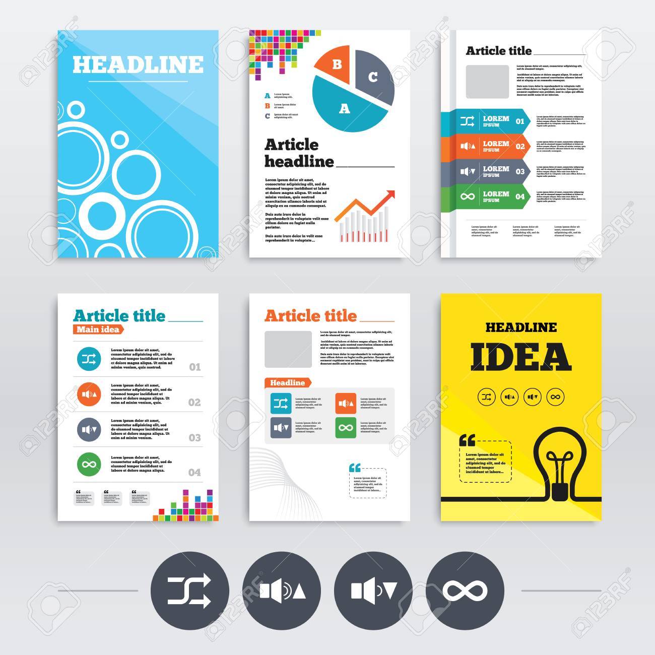 パンフレットのデザインや チラシ プレーヤーのコントロールのアイコン サウンドの音量と静かな兆候 動的なシンボルです シャッフル ランダムとリピート ループ インフォ グラフィック テンプレート セットです ベクトルのイラスト素材 ベクタ Image